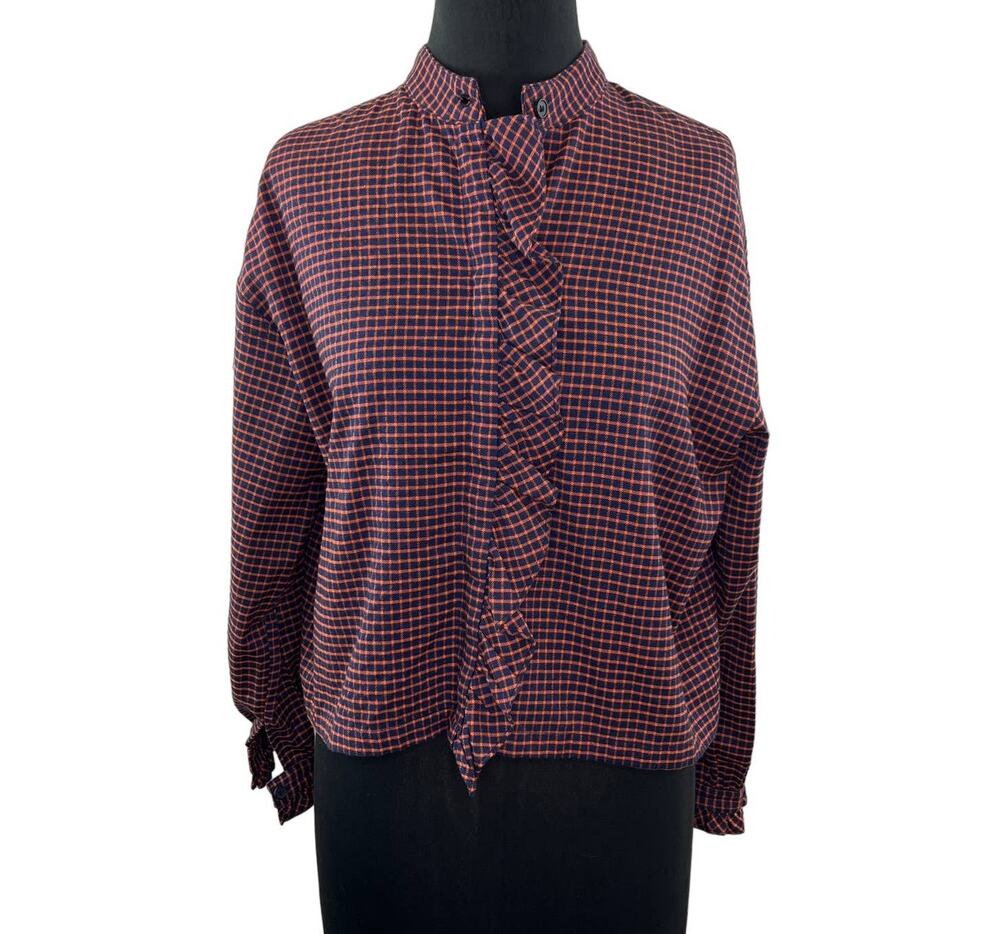 FRNCH Blue Orange Windowpane Plaid Ruffled Button-Up Crop Top Linen Cotton XS